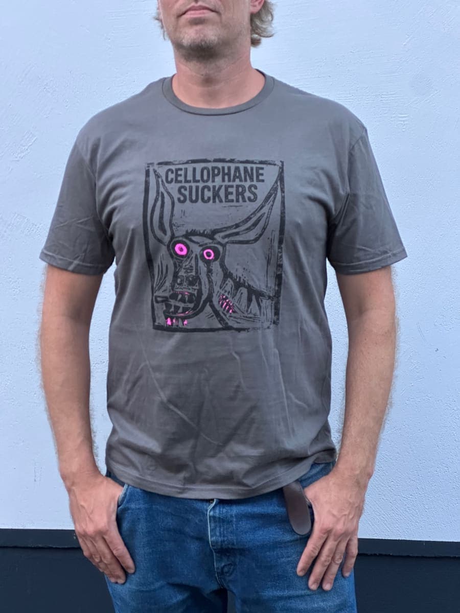 Charcoal t-shirt with a black and pink woodcut donkey head